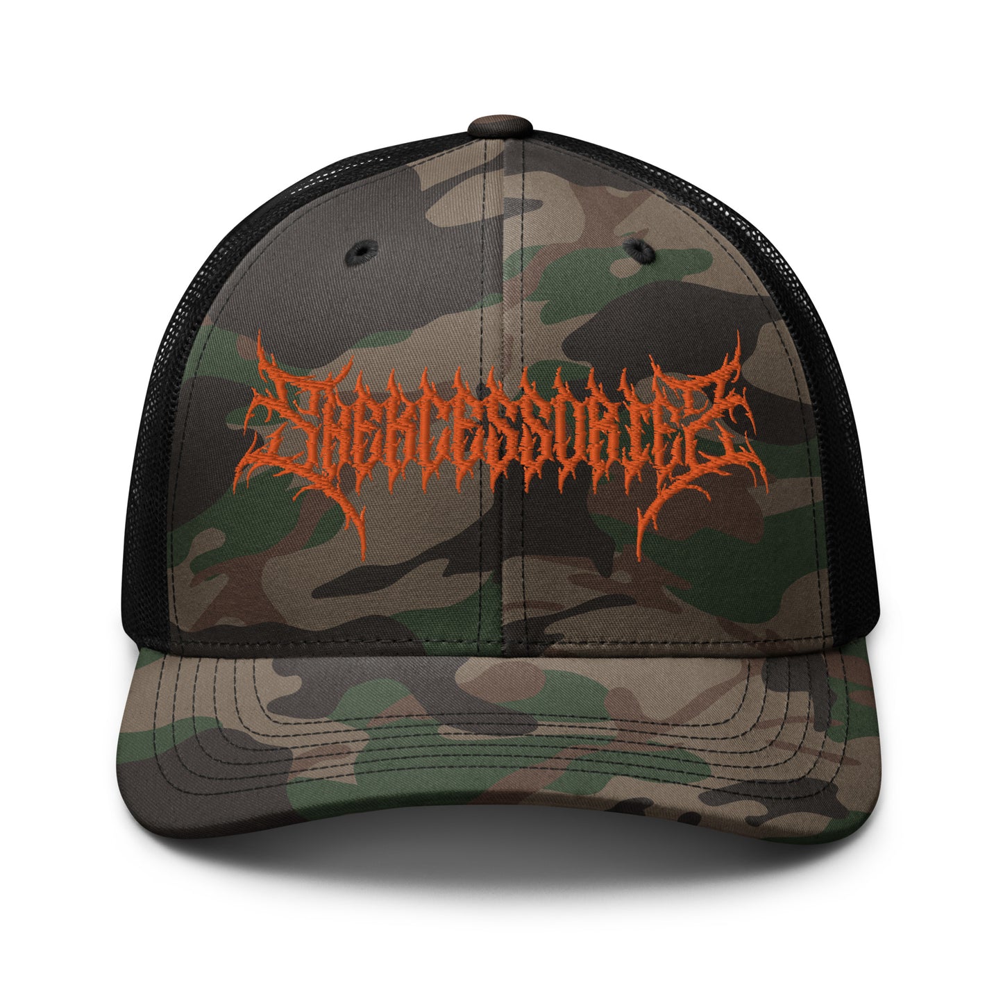 Snekcessories Death Metal Logo Camo Trucker Hat