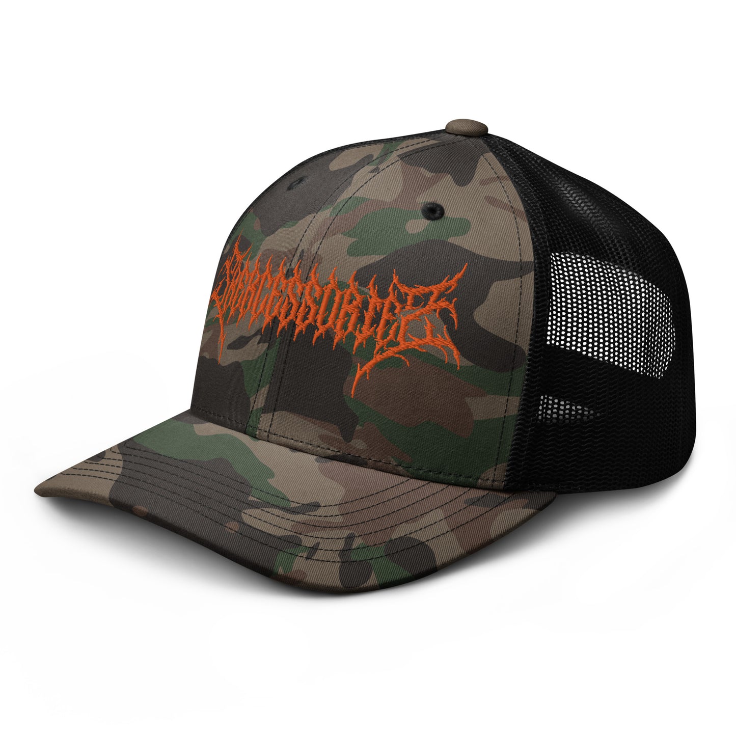 Snekcessories Death Metal Logo Camo Trucker Hat