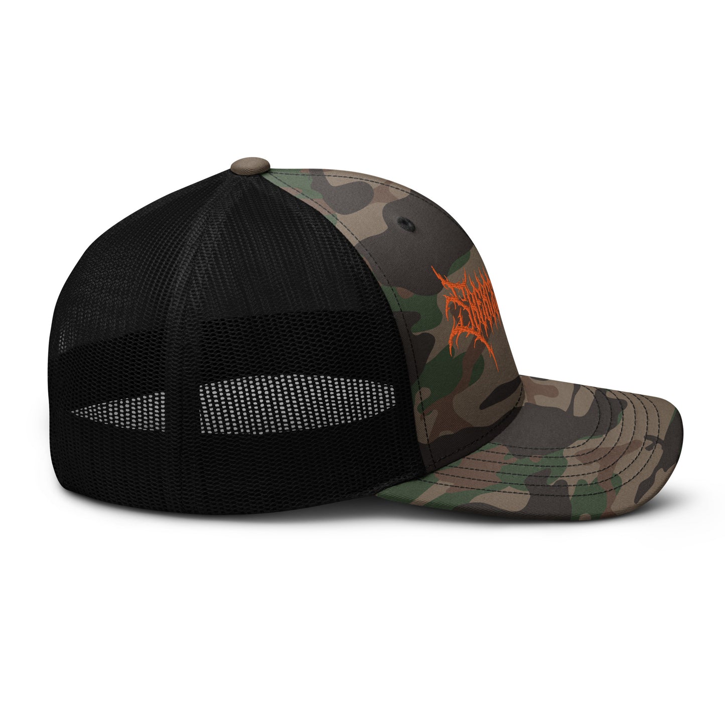 Snekcessories Death Metal Logo Camo Trucker Hat